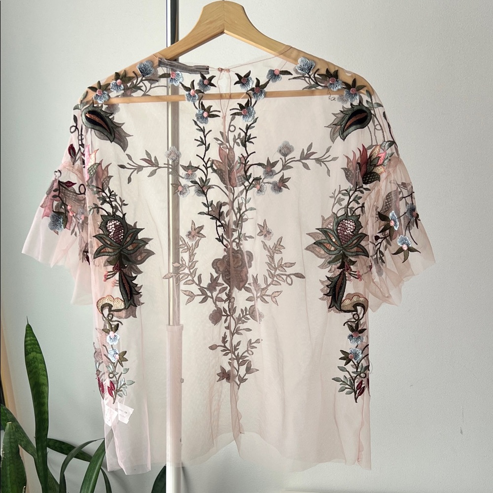 Zara Sheer Floral Embroidered Blouse - Pink and green S - Picture 9 of 10